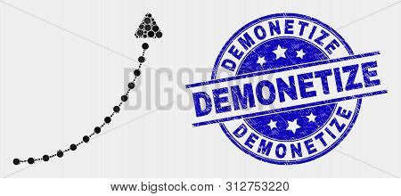 Dot Up Trend Arrow Mosaic Icon And Demonetize Seal Stamp. Blue Vector Rounded Textured Watermark Wit