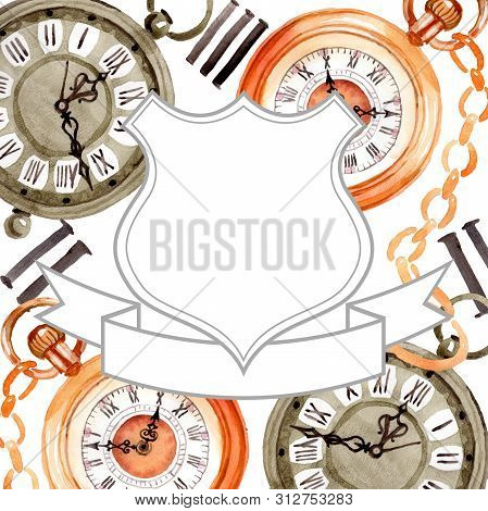 Vintage Old Clock Pocket Watch. Watercolor Background Illustration Set. Frame Border Ornament Square
