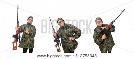 Military man with a gun isolated on white