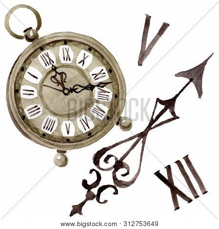 Vintage Old Clock Pocket Watch. Watercolor Background Illustration Set. Isolated Clocks Illustration