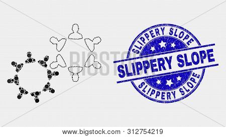 Pixelated User Collaboration Mosaic Icon And Slippery Slope Watermark. Blue Vector Rounded Grunge Wa