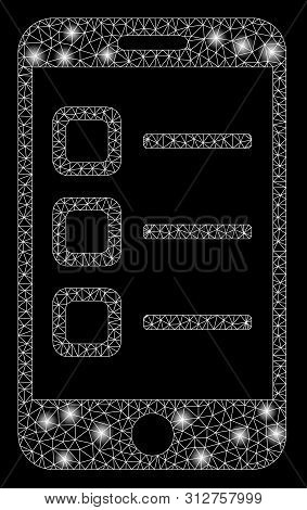 Glowing Mesh Mobile List With Glitter Effect. Abstract Illuminated Model Of Mobile List Icon. Shiny 