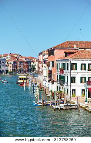 View On Grand Canal From Ponte Degli Scalzi ( Bridge Of The Barefoot Monks ) In Venice, Italy
