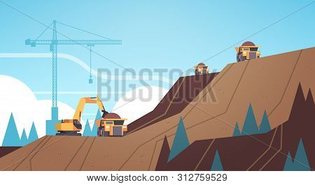 Professional Equipment Working On Coal Mine Production Extraction Industry Mining Transport Concept 