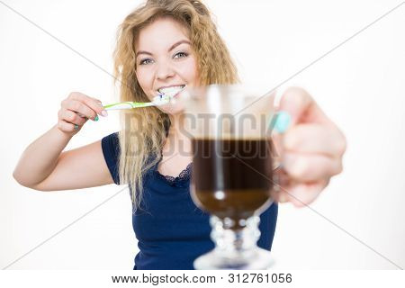 Happy Woman Holding Toothbrush And Coffee Going To Brush Her Teeth After Hot Drink. Discoloration Pr