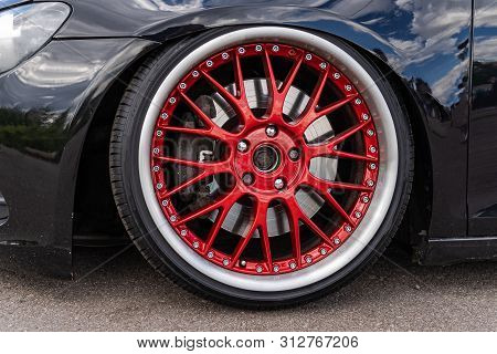 Lowrider Custom Tuned Sport Car Wheel With Small Rubber Tyre And Large Disk, Close Up