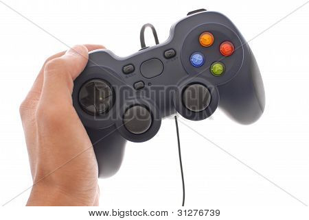 Hånd, der holder en Computer Video Game Control på hvid baggrund