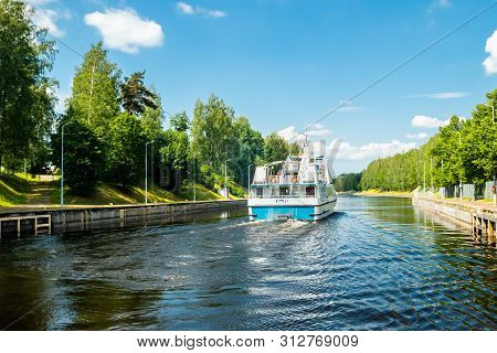 Lappeenranta, Finland - June 20, 2019: Cruise Ship In Saimaa Canal, Beautiful Summer View