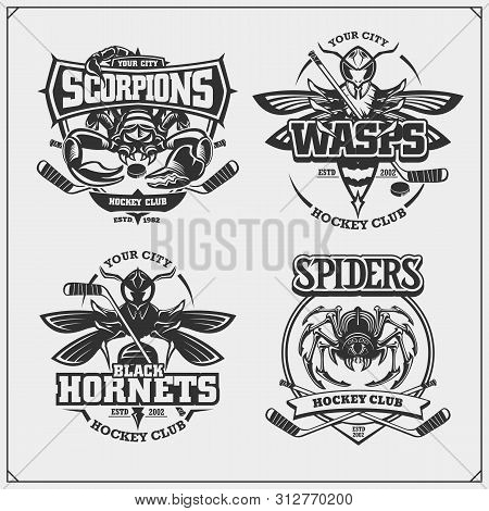 Hockey Badges, Labels And Design Elements. Sport Club Emblems With Scorpion, Wasp, Hornet And Spider