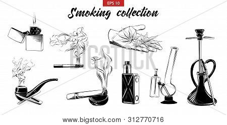 Vector Engraved Style Illustration For Logo, Emblem, Label Or Poster. Hand Drawn Sketch Smoking Set 