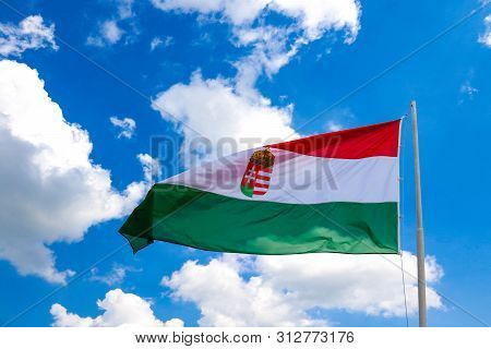 Miskolc, Hungary, May 20, 2019: Flag Of Hungary At The Diosgior Fortress In Miskolc.