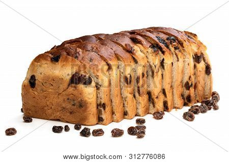 Sliced  Irish Fruit Loaf With Sultanas And Cherries Isolated On White