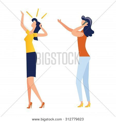 Female Characters Talking On Cell Phone, Idea In My Head Cartoon Vector Illustration. Faceless Women