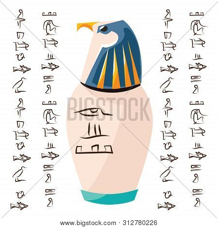 Ancient Egyptian Ritual Vase With Falcon Head And Hieroglyphs Cartoons Vector Illustration. Decorati