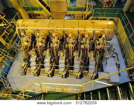 Houston, Usa - February 28, 2018: Engine Compartment Of Oil Tanker Ns Century. Diesel Engine View
