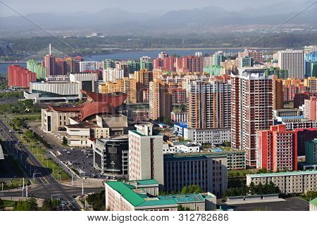 North Korea, Pyongyang - May 1, 2019: View On The City From Juche Tower At Sunset