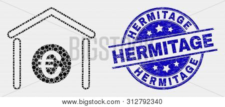 Dot Euro Bank Mosaic Pictogram And Hermitage Seal Stamp. Blue Vector Round Scratched Seal With Hermi
