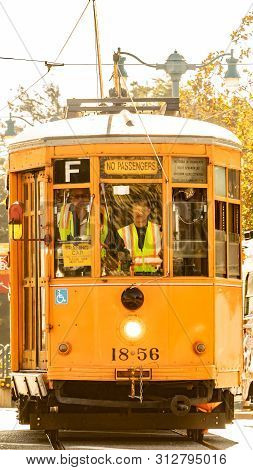 San Francisco, California - October 05 2017: Trolley 1856, An Orange Peter Witt Streetcar Operating 