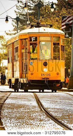 San Francisco, California - October 05 2017: Trolley 1856, An Orange Peter Witt Streetcar Operating 