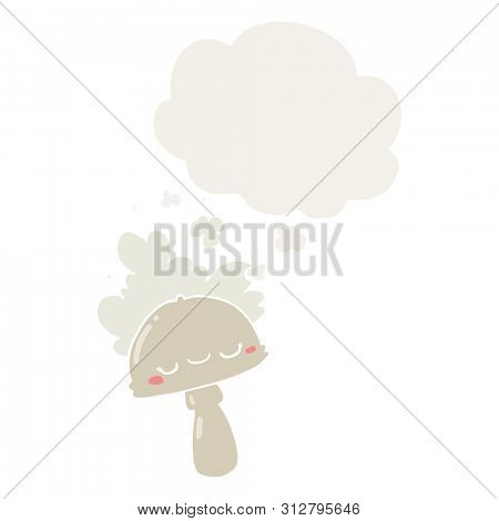 cartoon mushroom with spoor cloud with thought bubble in retro style