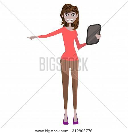 Cute Girl In A Flat Style Pointing And Holding Tablet In The Hand. Vector Illustration