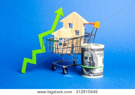 Two Wooden Houses In A Trading Cart And Green Arrow Up And Money Bundle. Increasing Cost And Liquidi