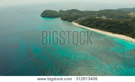 Sandy Beach And Turquoise Water In The Tropical Resort Of Boracay, Puka Shell Beach, Philippines Aer