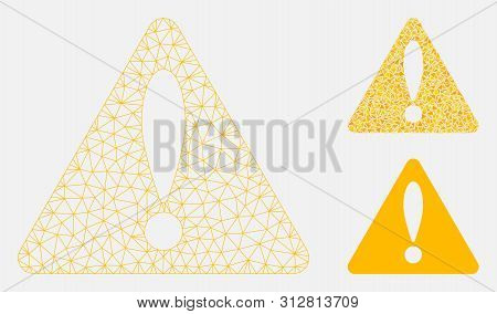 Mesh Warning Model With Triangle Mosaic Icon. Wire Carcass Polygonal Mesh Of Warning. Vector Mosaic 