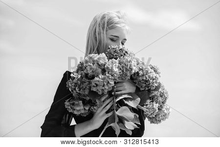 Enjoy Spring Without Allergy. Gentle Flower For Delicate Woman. Girl Tender Blonde Hold Hydrangea Fl
