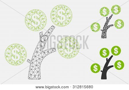 Mesh Money Tree Model With Triangle Mosaic Icon. Wire Carcass Polygonal Mesh Of Money Tree. Vector M