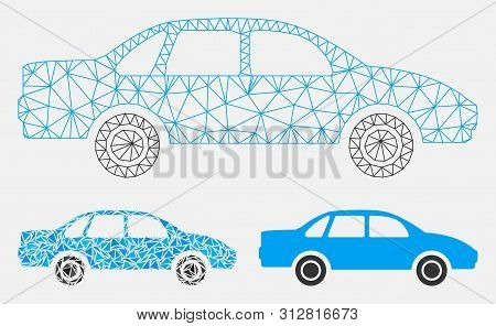 Mesh Sedan Car Model With Triangle Mosaic Icon. Wire Carcass Polygonal Mesh Of Sedan Car. Vector Mos