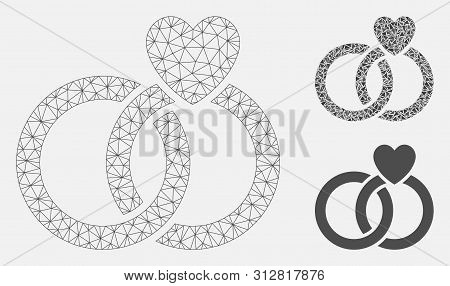 Mesh Wedding Rings Model With Triangle Mosaic Icon. Wire Frame Triangular Network Of Wedding Rings. 