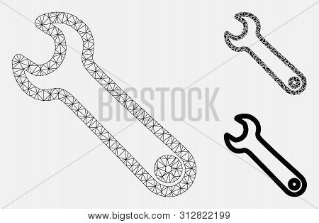 Mesh Spanner Model With Triangle Mosaic Icon. Wire Carcass Polygonal Mesh Of Spanner. Vector Collage
