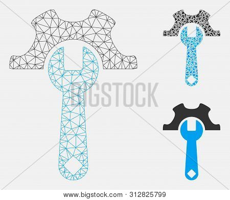 Mesh Service Tools Model With Triangle Mosaic Icon. Wire Carcass Triangular Network Of Service Tools