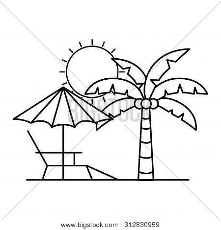 Silhouette Of Palm Tree With Beach Umbrella Striped Vector Illustration Design