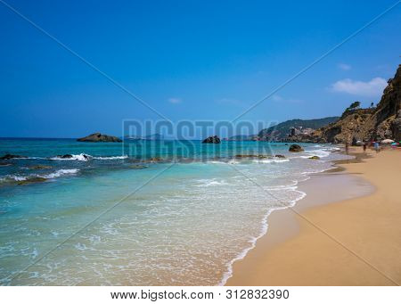 Ibiza beach of Aigua blanca in Santa Eulalia at Balearic islands also Aigues Blanques