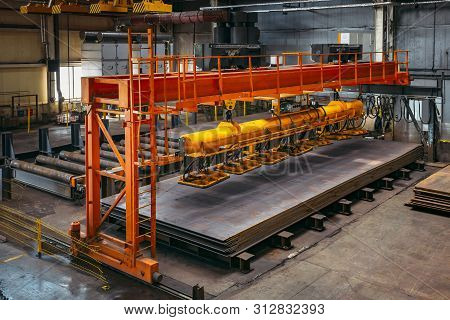 Overhead Crane With Vacuum Handling Grippers In Warehouse