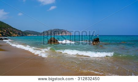 Ibiza beach of Aigua blanca in Santa Eulalia at Balearic islands also Aigues Blanques