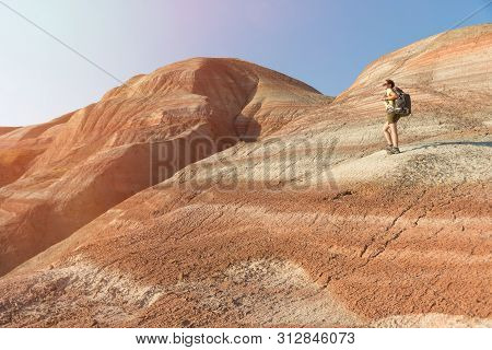 Backpacker Girl Exploring The Mountains. Backpacker Girl Tourist Exploring The Xizi Mountains , Azer