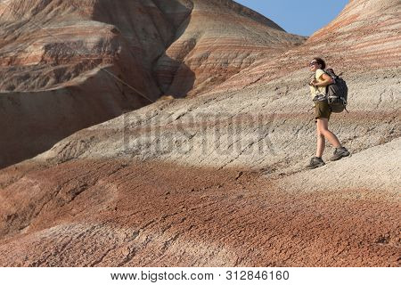Backpacker Girl Exploring The Mountains. Backpacker Girl Tourist Exploring The Xizi Mountains , Azer