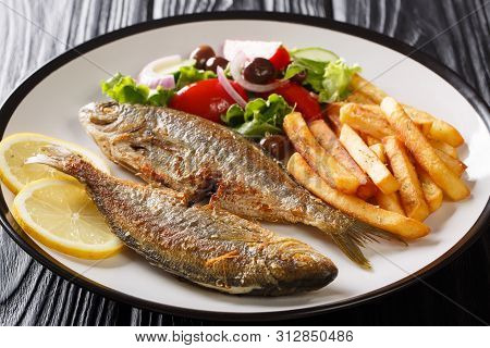 Mediterranean Cuisine Fried Sarpa Fish With Fresh Vegetable Salad, Lemon And French Fries Close-up O