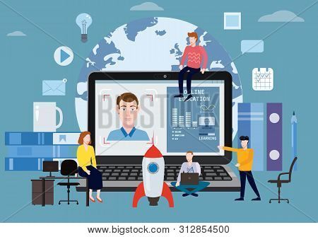 Online Education Webinar Icons Composition With Teacher Coach Trainer Men And Students On Laptop Ele