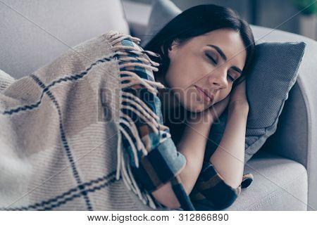 Close Up Photo Beautiful She Her Lady Fell Asleep After Dinner Hands Arms Under Head Eyes Closed Dre