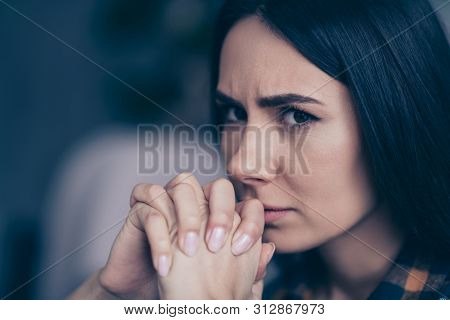 Close Up Side Profile Photo Beautiful She Her Lady Displeased Hopeless Arms Hands Palms Together Ner