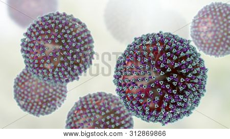 Measles Viruses. 3d Illustration Showing Structure Of Measles Virus With Surface Glycoprotein Spikes