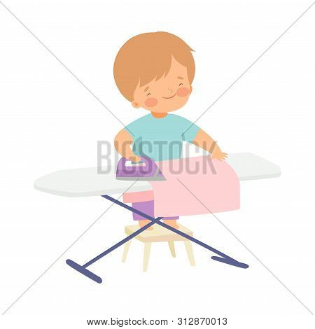 Cute Boy Ironing Clothes On Board, Adorable Kid Doing Housework Chores At Home Vector Illustration