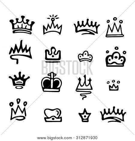 Crown Logo Graffiti Icon. Blackhand-drawn Crowns. Elements For Princesses Isolated On White Backgrou