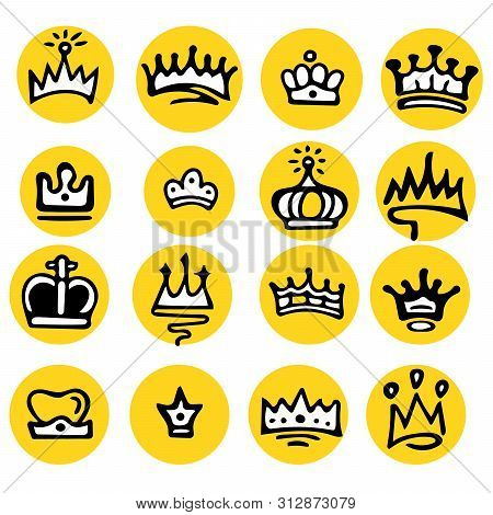 Crown Logo Graffiti Icon. Blackhand-drawn Crowns. Elements For Princesses Isolated On White Backgrou