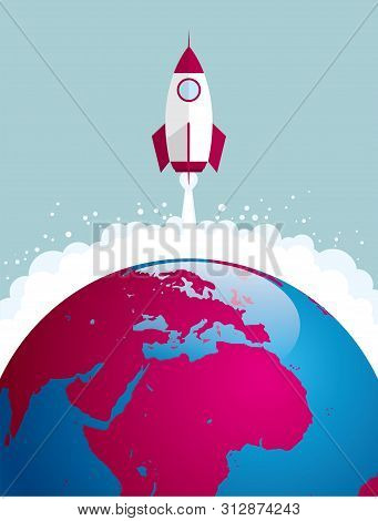The Rocket Is Launched From The Earth. Isolated On Blue Background.