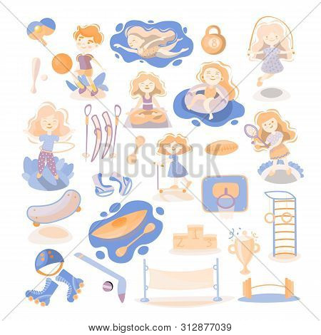 Kids Doing Sport Games, Vector Cartoon Illustration. Playing, Jumping, Swimming Boys And Girls With 